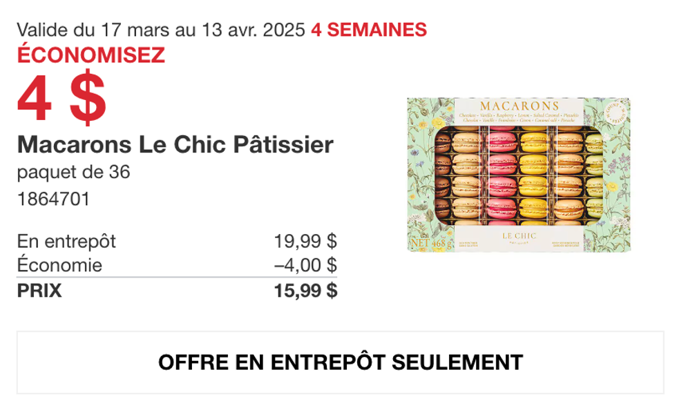 Macarons Le Chic P\u00e2tissier dans la circulaire du site de Costco.
