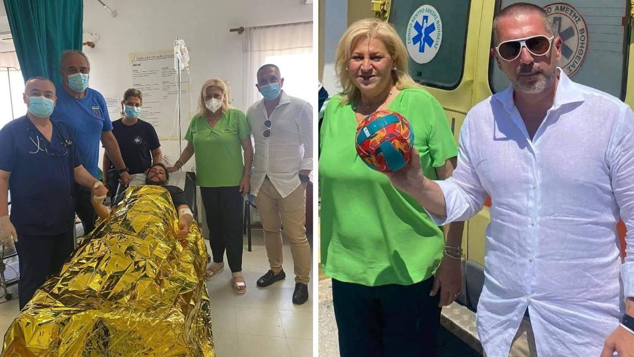 Macedonian* tourist Ivan is shown under a blanket after his rescue. Right: Officials show off the ball that saved Ivan's life.