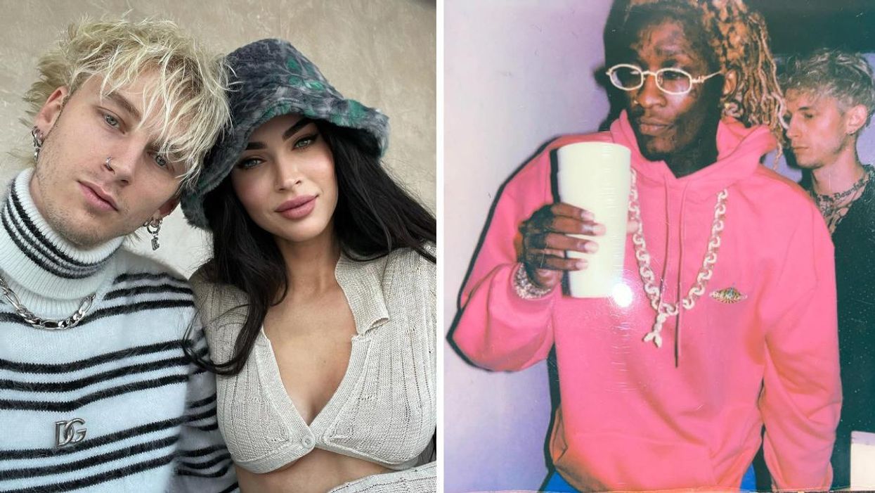 Machine Gun Kelly and Megan Fox taking a selfie. Right: Young Thug and Machine Gun Kelly.