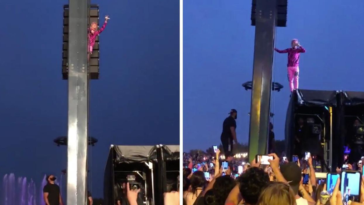 Machine Gun Kelly escalade une structure à Osheaga