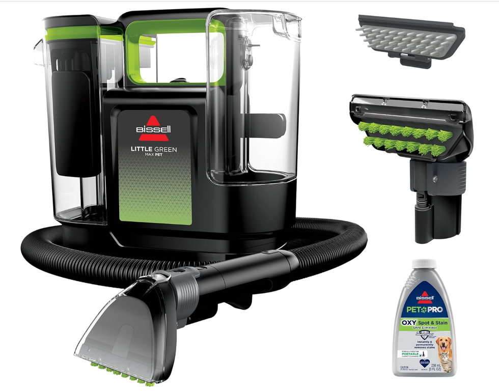Machine nettoyante en profondeur portable BISSELL Little Green Max Pet et ses diff\u00e9rents embouts.