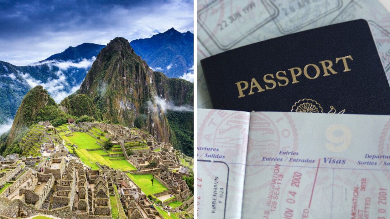 Machu Picchu in Peru. Right: A United States passport.