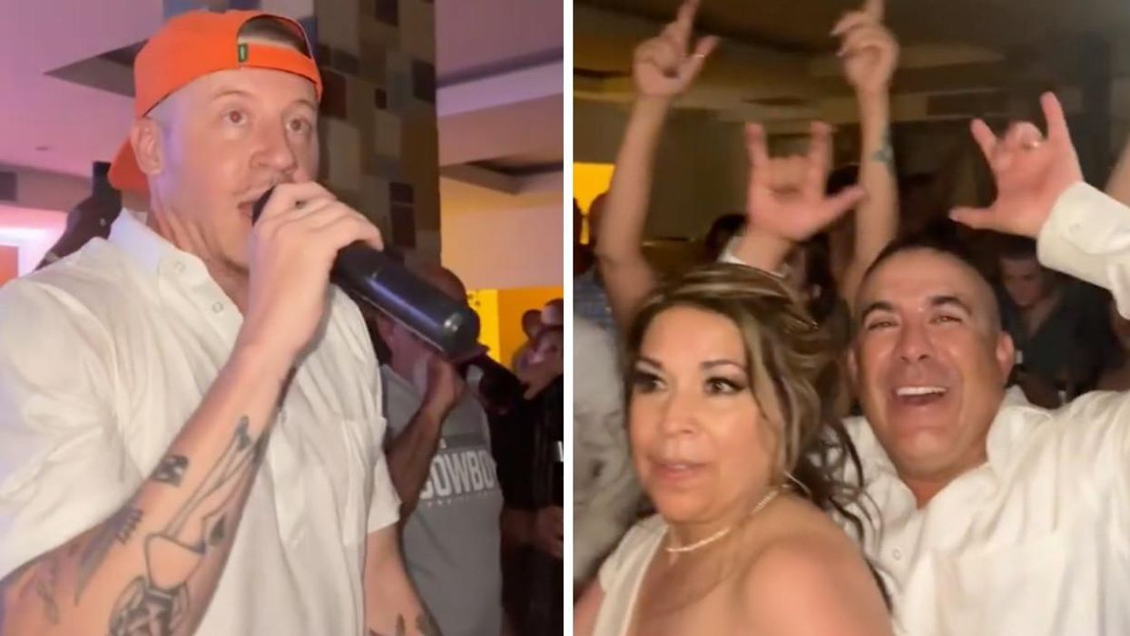 Macklemore at a hotel wedding. Right: The newlyweds at the wedding.
