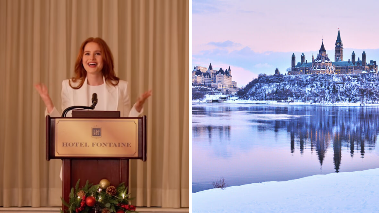 Madelaine Petsch in 'Hotel for the Holidays' movie. Right: Downtown Ottawa covered in snow.