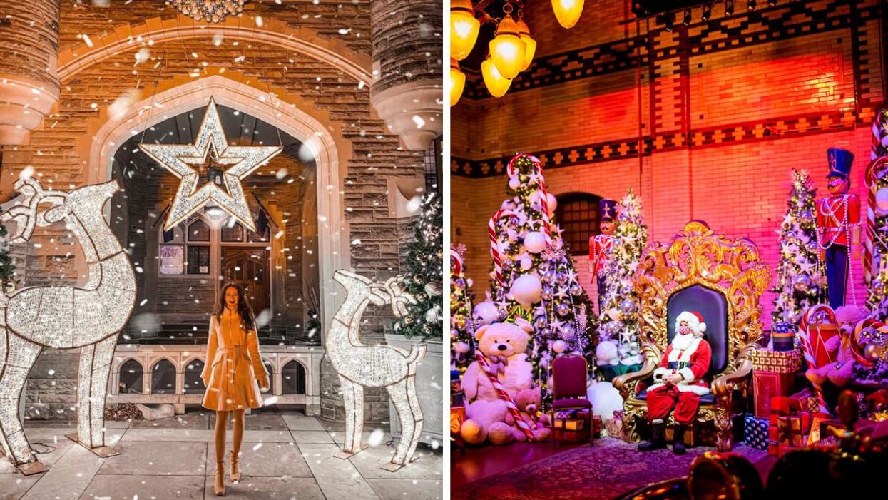 Madeline at Casa Loma. Right: Santa surrounded by Christmas decor.