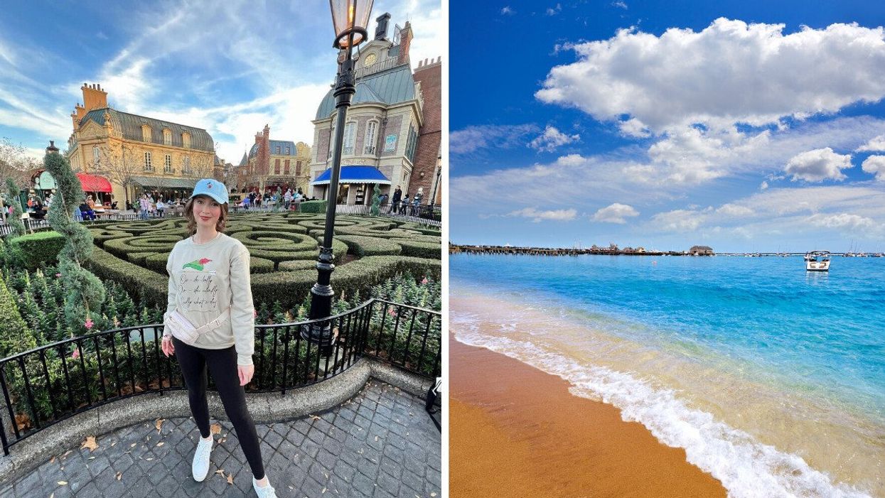 Madeline at Disney World. Right: A sandy beach.
