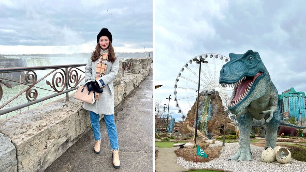 Madeline at Niagara Falls. Right: Replica of a dinosaur.