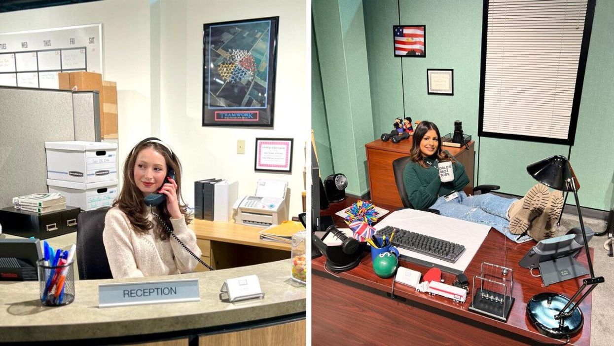 Madeline at the "reception" desk for The Office Experience. Right: Ashna sitting at Michael Scott's desk.