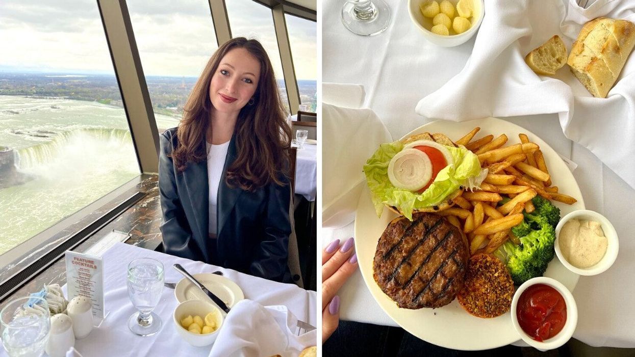 Madeline at the Skylon Tower. Right: A burger and fries.