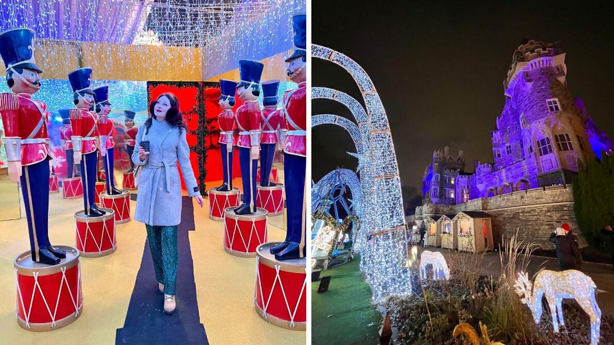 Madeline beside life-sized Nutcrackers. Right: Casa Loma with Christmas decorations.
