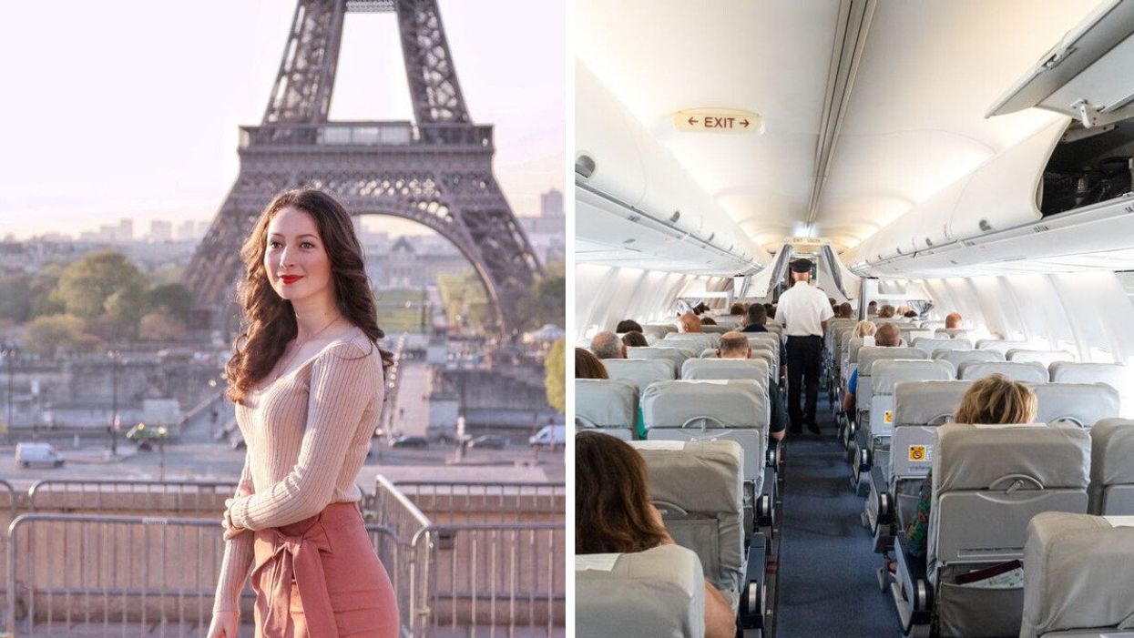 Madeline by the Eiffel Tower. Right: Aisle of a plane.