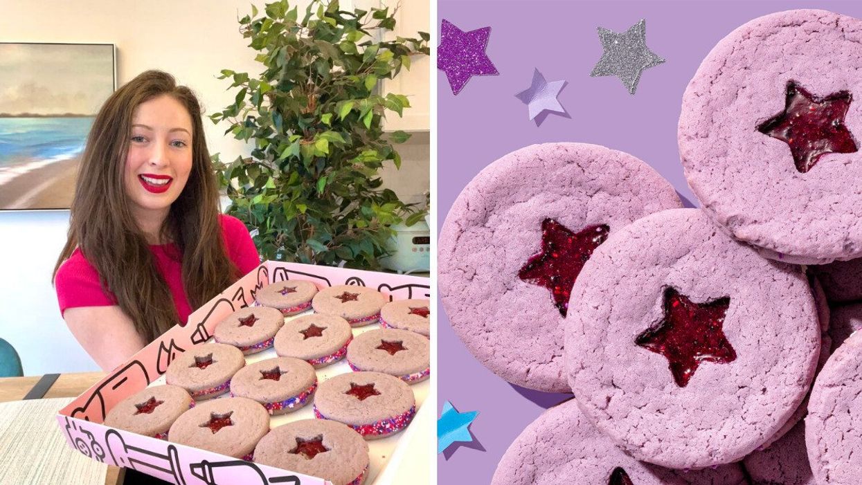 Madeline holding a bunch of cookies. Right: Olivia Rodrigo GUTS Cookie.
