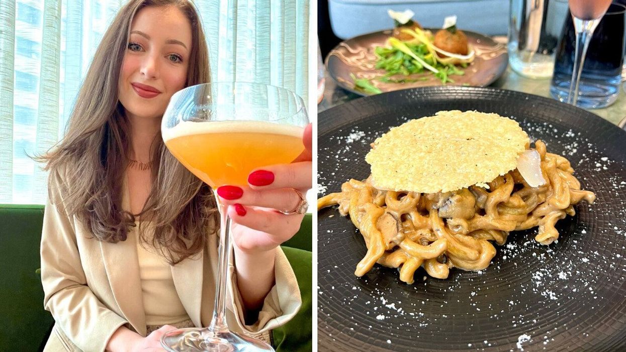 Madeline holding a cocktail. Right: Mushroom Garganelli at Canopy Hotel.