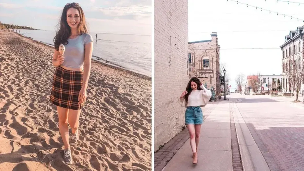 Madeline holding ice cream on the beach. Right: Madeline walking down a street.