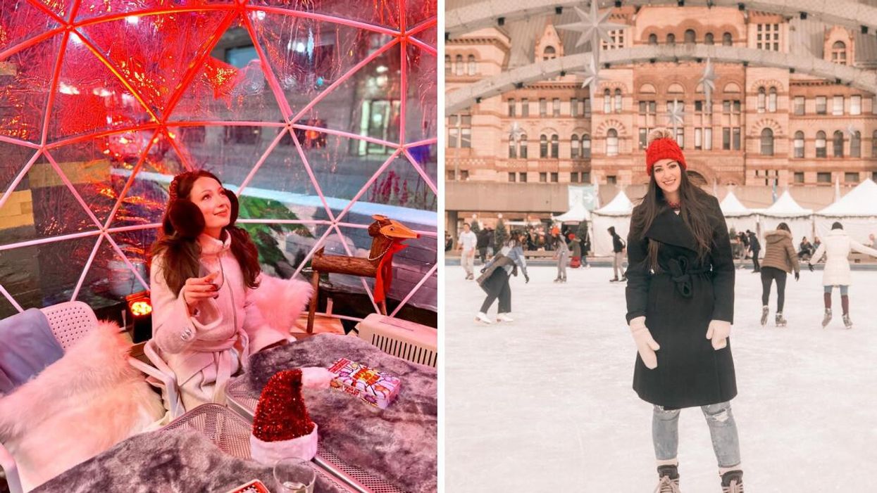 Madeline in a dining dome at Selva. Right: Woman skating in Toronto.