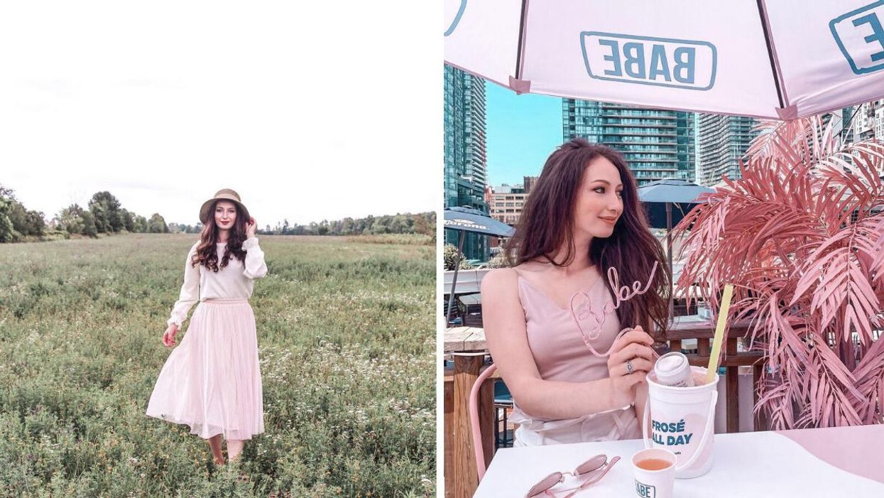 Madeline in a field. Right: Madeline at a Toronto bar.