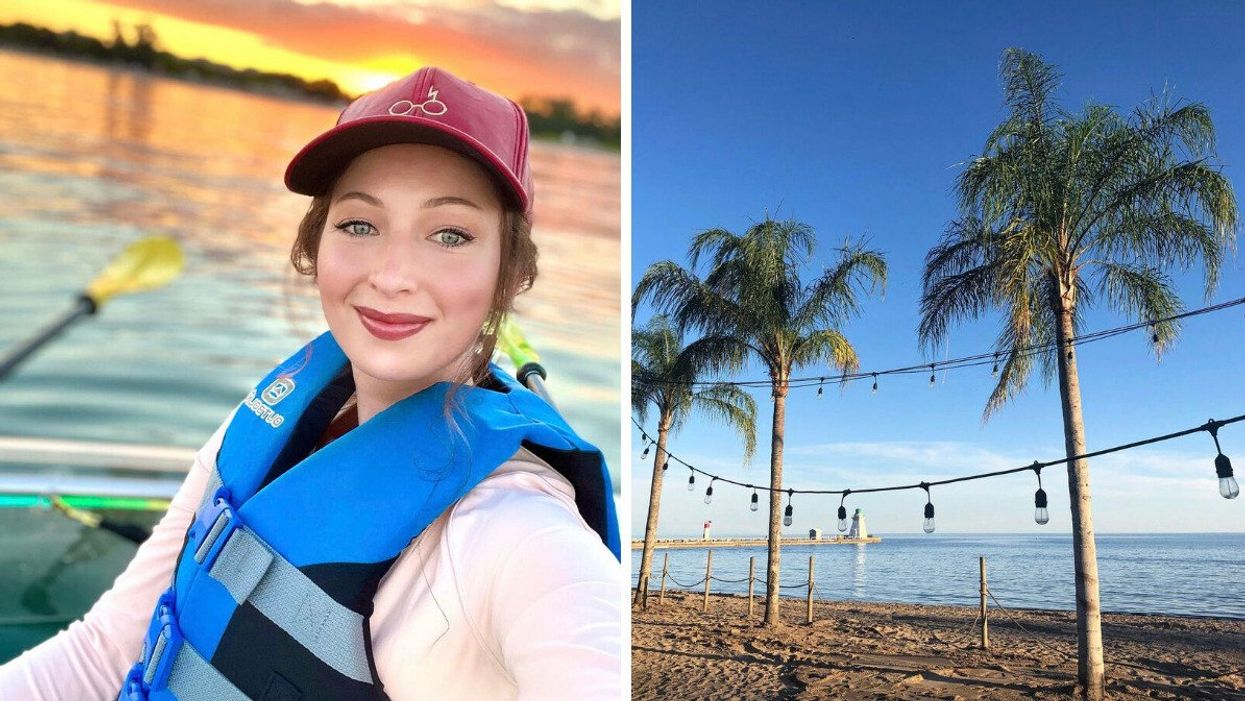 Madeline in a kayak. Right: Palm trees along a beach.