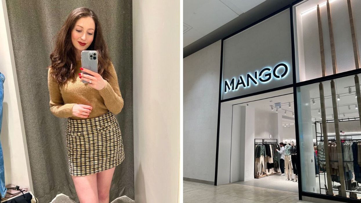 Madeline in a Mango fitting room. Right: Exterior of Mango in Yorkdale Mall.