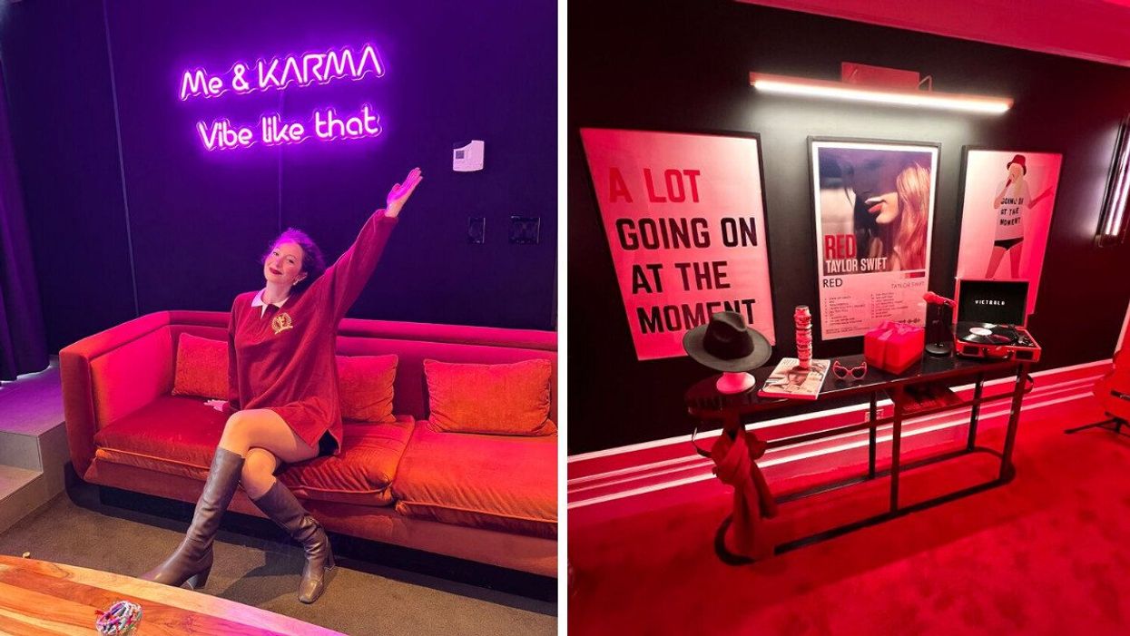 Madeline in a Taylor Swift-themed room. Right: Taylor Swift-themed hotel floor.