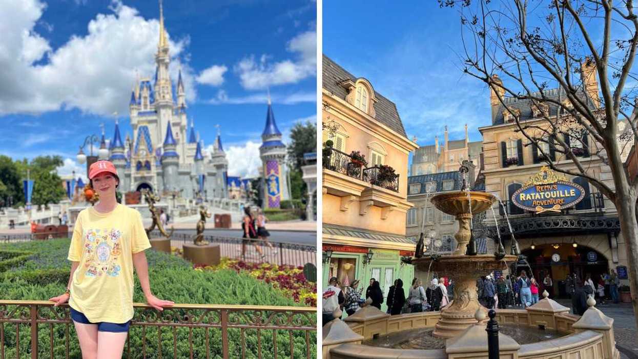 Madeline in front of the Cinderella Castle. Right: Ratatouille Adventure in Walt Disney World.
