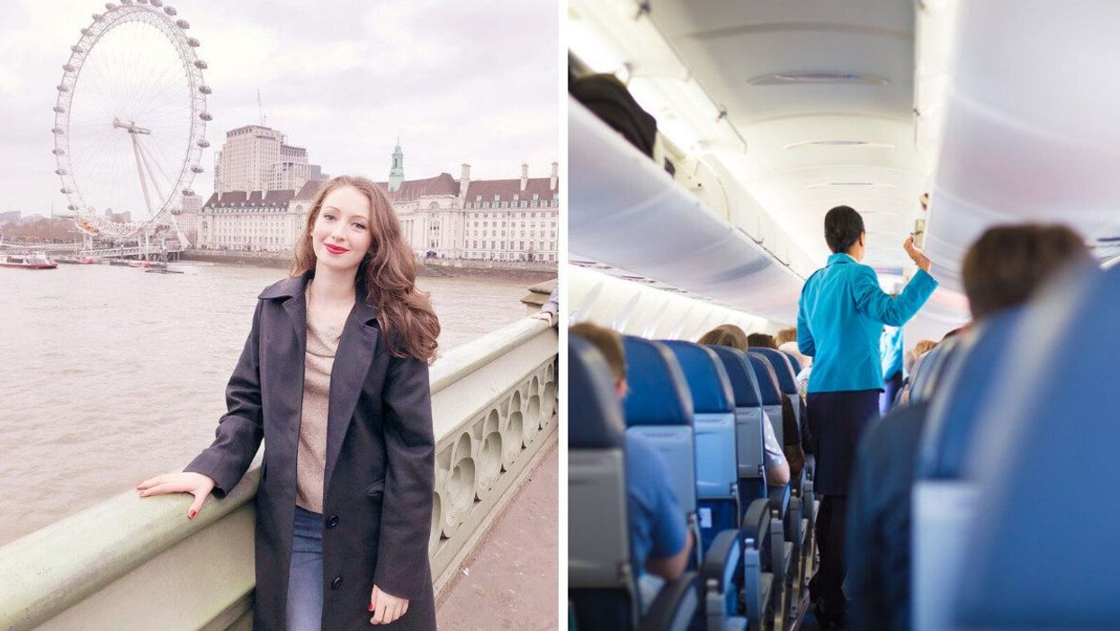 Madeline in London. Right: A flight attendant on a plane.