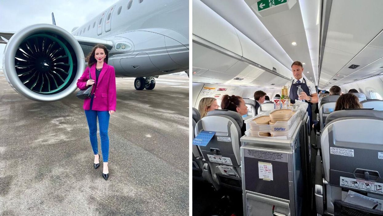 Madeline standing by a plane. Right: Flight attendant serving drinks.
