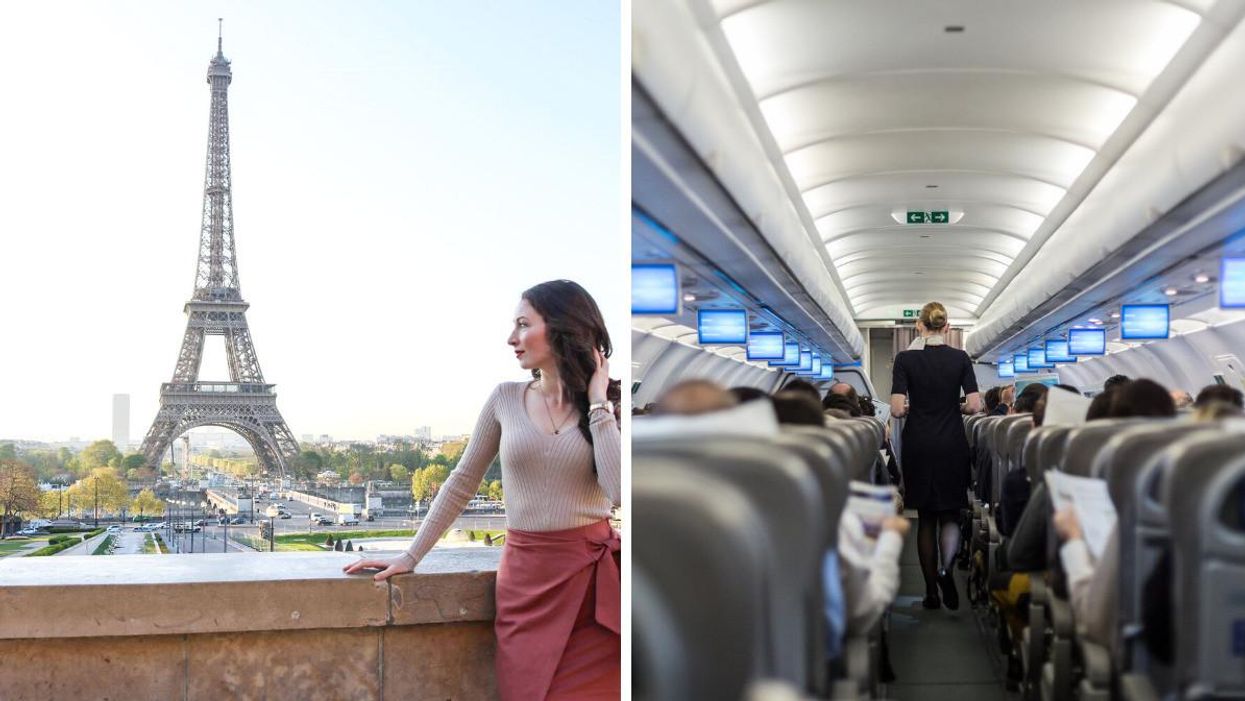 Madeline standing by the Eiffel Tower. Right: Flight attendant walking down aisle of an airplane.