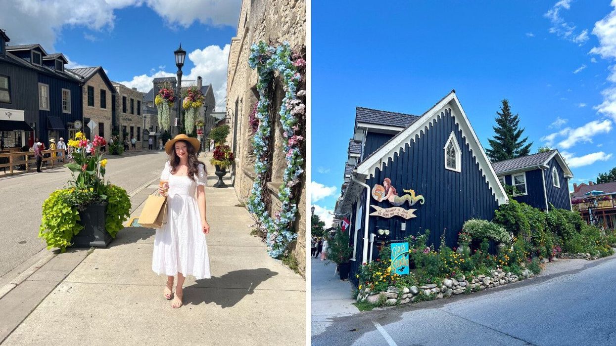 Madeline standing in a historic village. Right: A blue store with white trim.
