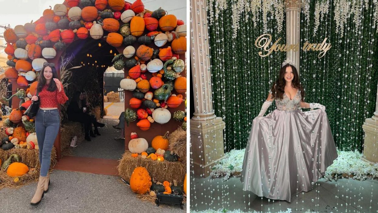 Madeline standing in front of a pumpkin house. Right: Brooke wearing a gown at the Bridgerton Experience.