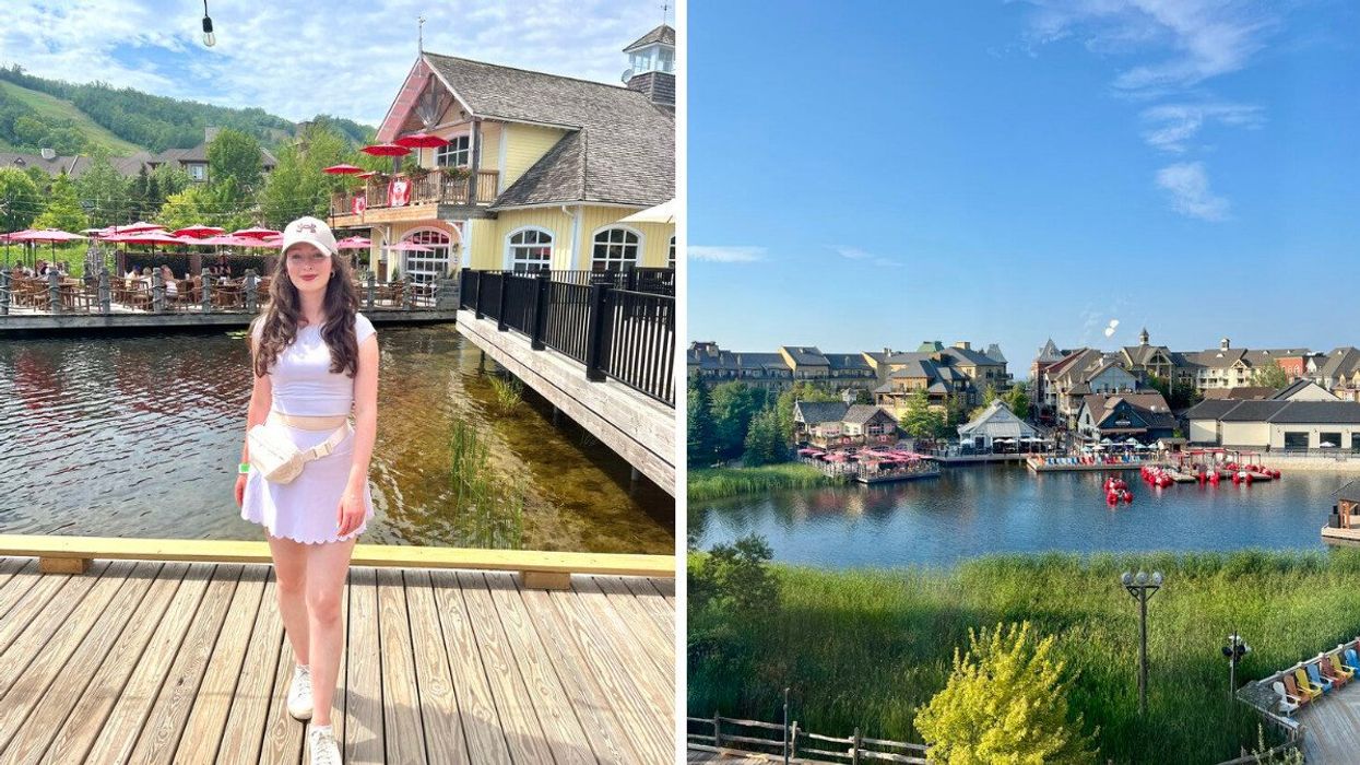 Madeline standing on a dock. Right: A view of a village by a pond.