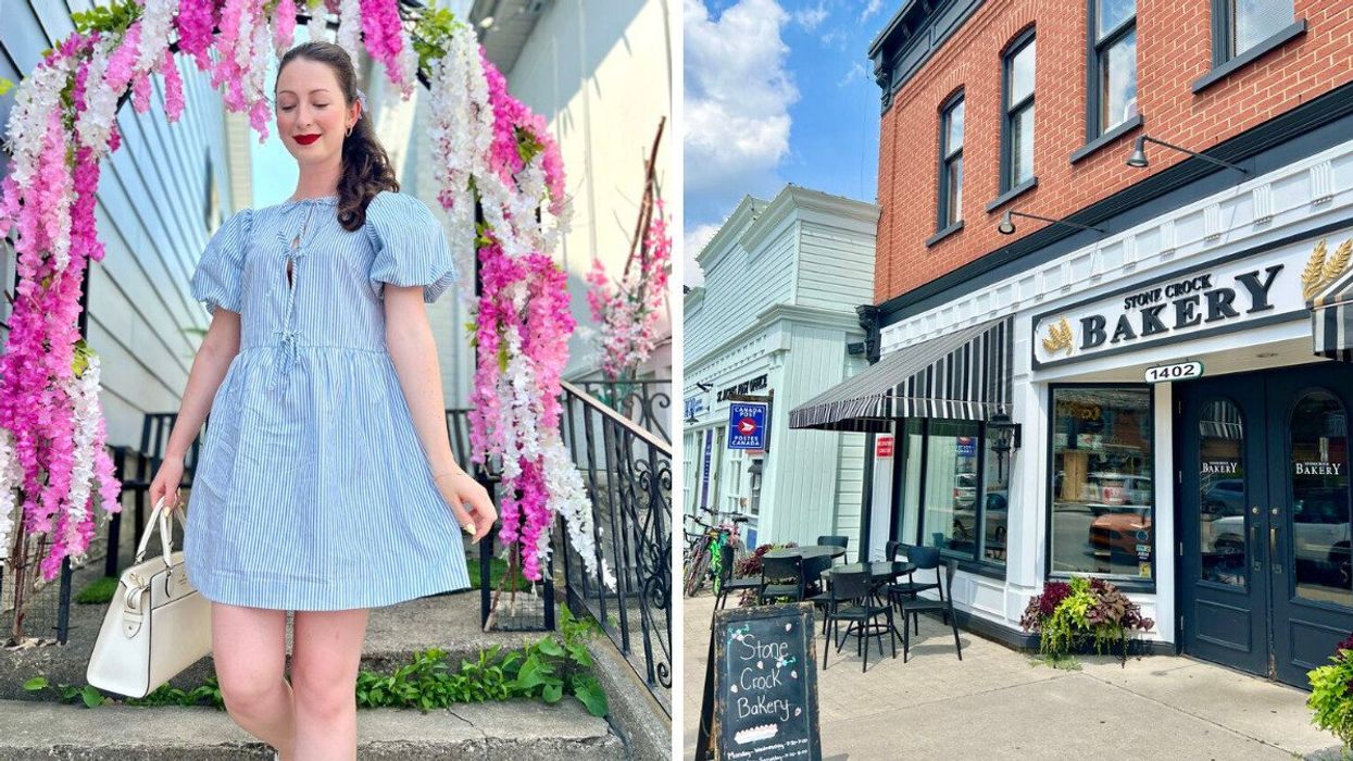 Madeline walking under a flower archway. Right: A bakery.