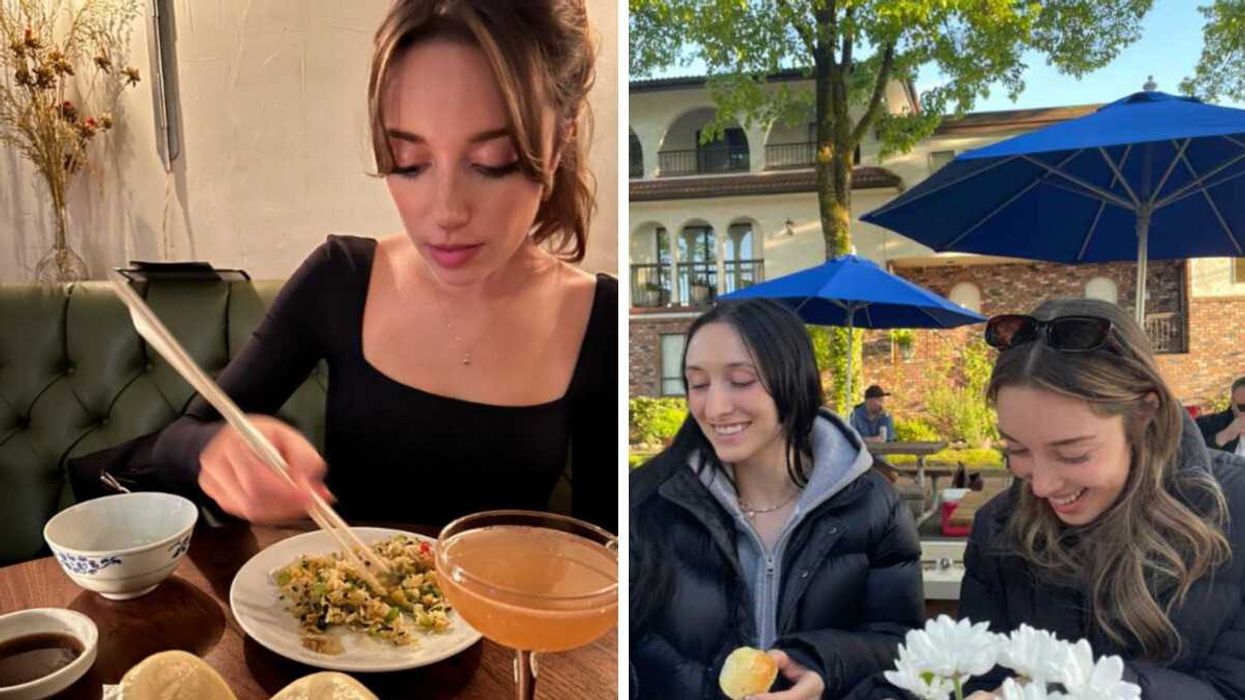 Madelyn eating her favourite Vancouver food. Right: Two women smile surrounded by greenery.