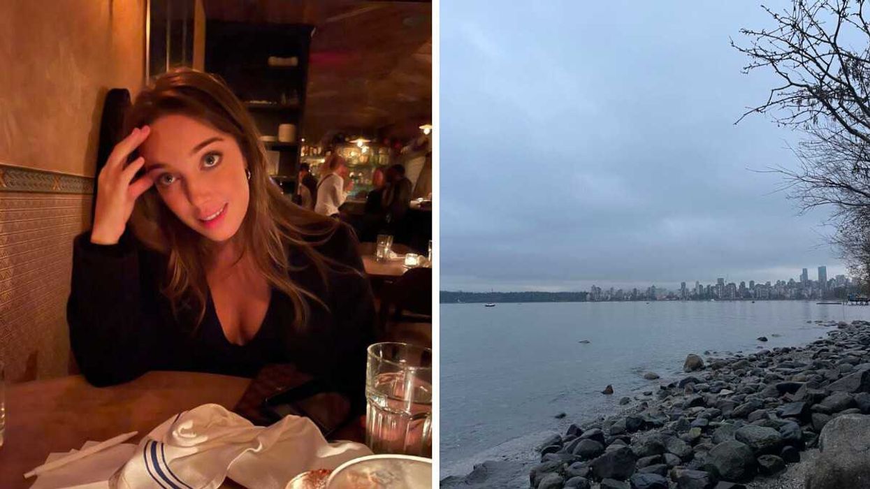 Madelyn Grace at a restaurant. Right: Vancouver beach view on cloudy day.