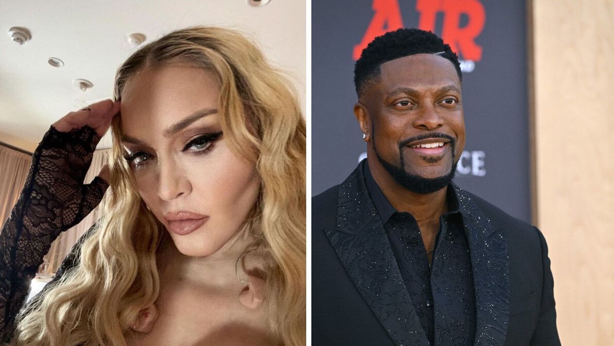 Madonna. Right: Chris Tucker at the world premiere for Air at the Regency Village Theatre in L.A. in March 2023.