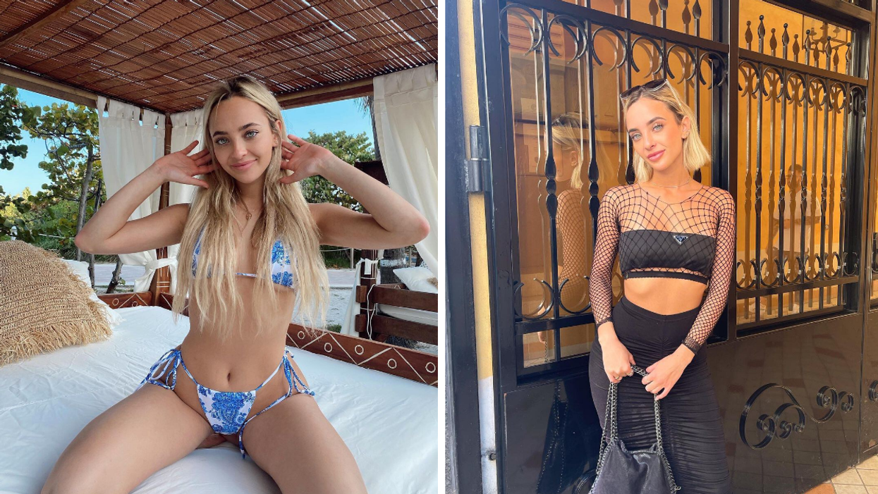 Mady Bajor in a bikini on a cabana bed in Miami. Right: Mady Bajor in Italy.