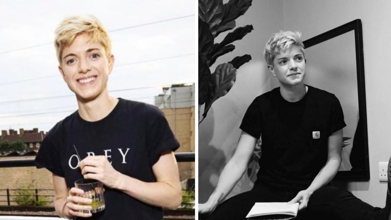 Mae Martin on a balcony. Right: May Martin backstage.
