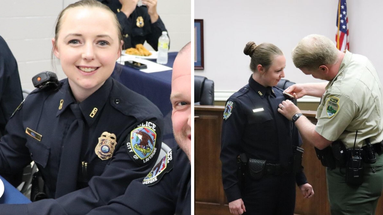 Maegen Hall in a La Vergne Police uniform. Right: Hall at a ceremony.