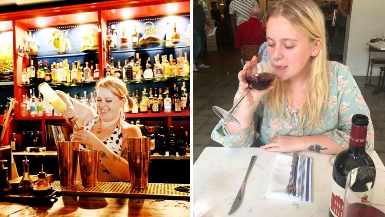Maeve behind the bar. Right: Maeve drinking red wine.