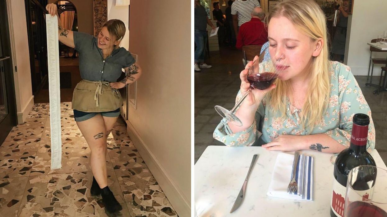 Maeve holding a long receipt. Right: Maeve drinking a glass of wine at a restaurant. 