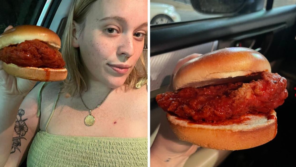 Maeve holding a spicy chicken sandwich. Right: The spicy chicken sandwich from Wingstop.