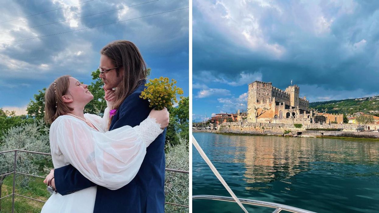 Maeve hugs her husband Alex after their marriage at Lake Garda. Right: A castle on the shore of Lake Garda in Italy.