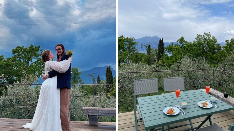 Maeve hugs her husband Alex after their wedding ceremony in Italy. Right: A view of the mountains of Lake Garda from the Airbnb deck where Maeve and Alex got married.