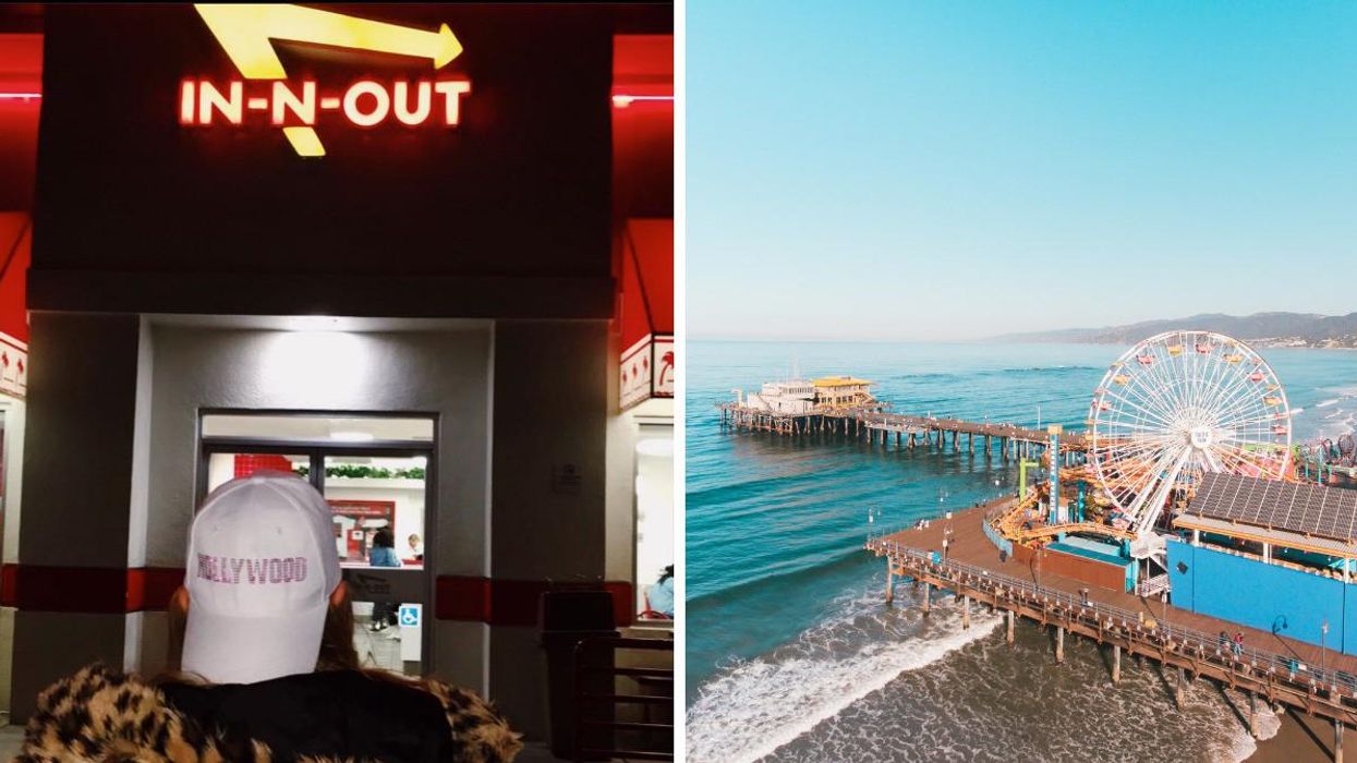 Maeve in a faux fur coast in a "Hollywood" hat outside of In-N-Out. Right: The ferris wheel on the Santa Monica Pier.
