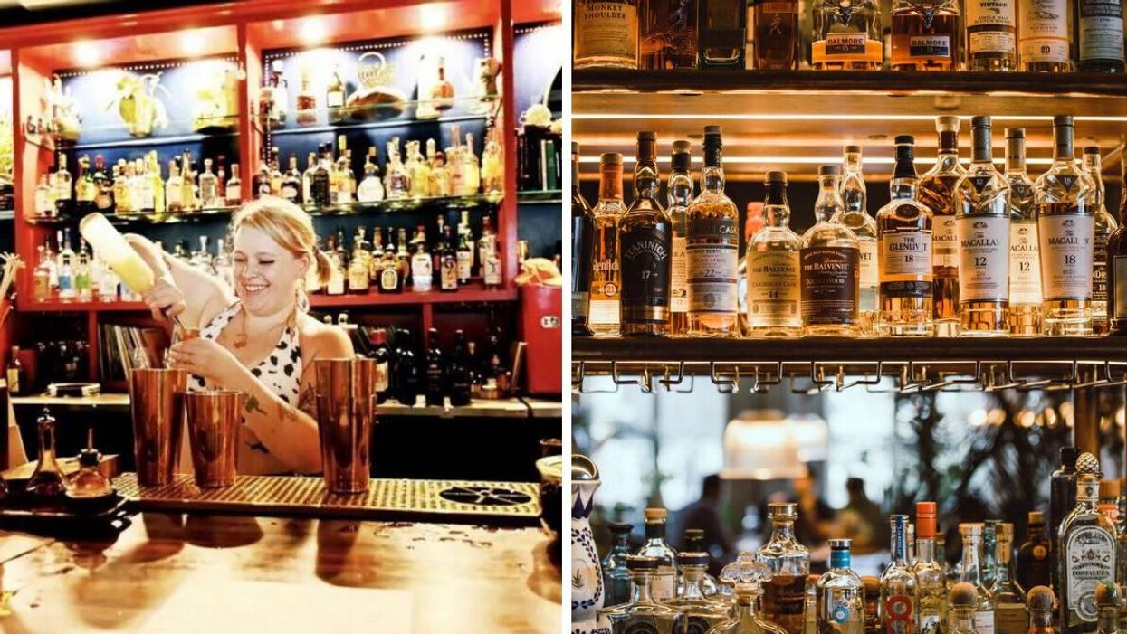 Maeve making a cocktail behind the bar. Right: A series of bottles in a bar.