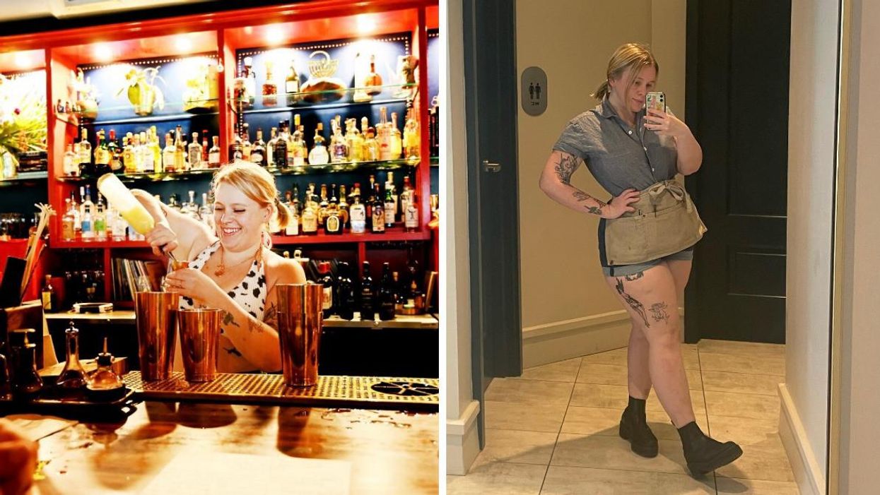 Maeve making a cocktail behind the bar. Right: Maeve taking a selfie in her work uniform. 
