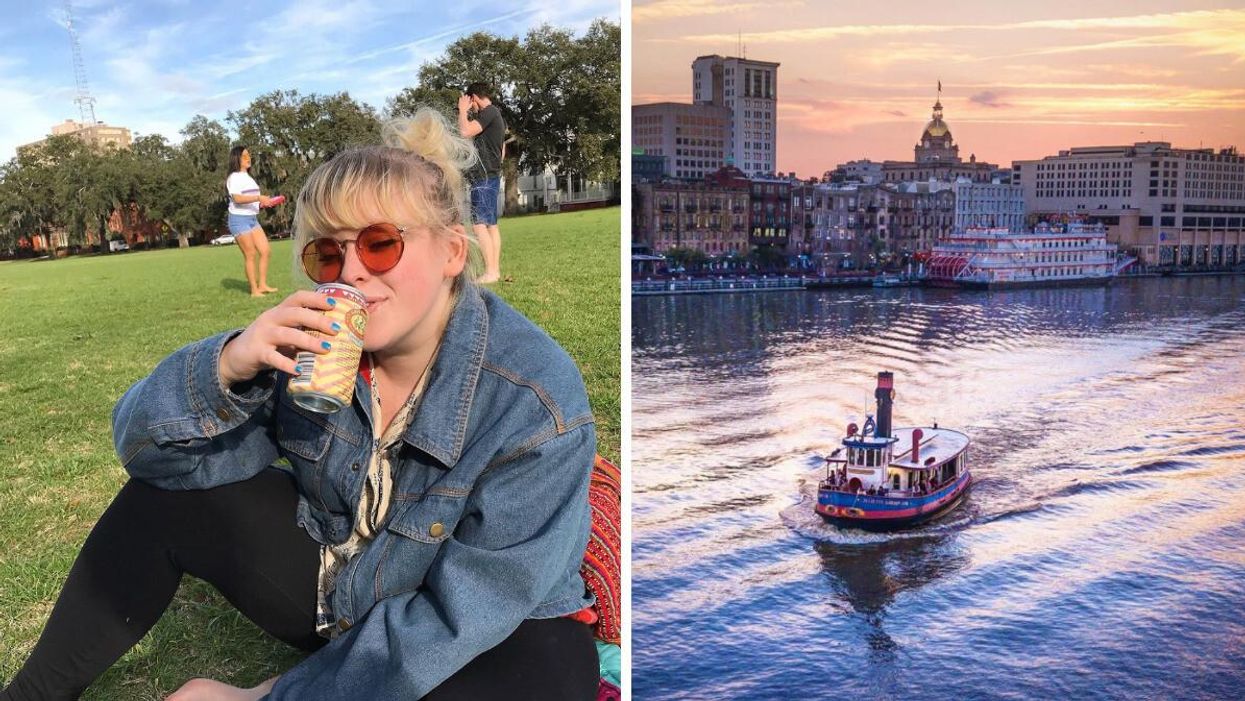 Maeve sitting in Forsyth Park in Savannah, GA. Right: The ferry on the Savannah River.