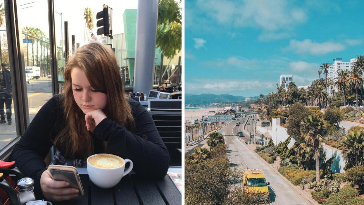 Maeve sitting with a cup of coffee in Los Angeles, CA. Right: The Santa Monica coastline. 