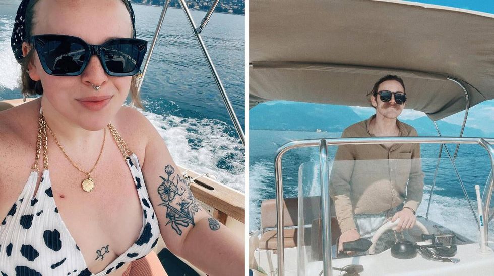Maeve wears a cow print bikini top and a gold necklace with black sunglasses while taking a selfie on a boat. Right: Alex navigates a boat in a tan shirt on Lake Garda.