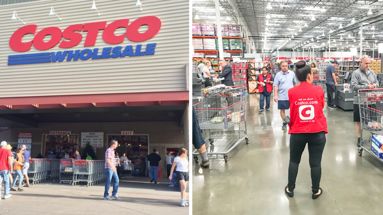 Magasin Costco. Droite : Employée du Costco.
