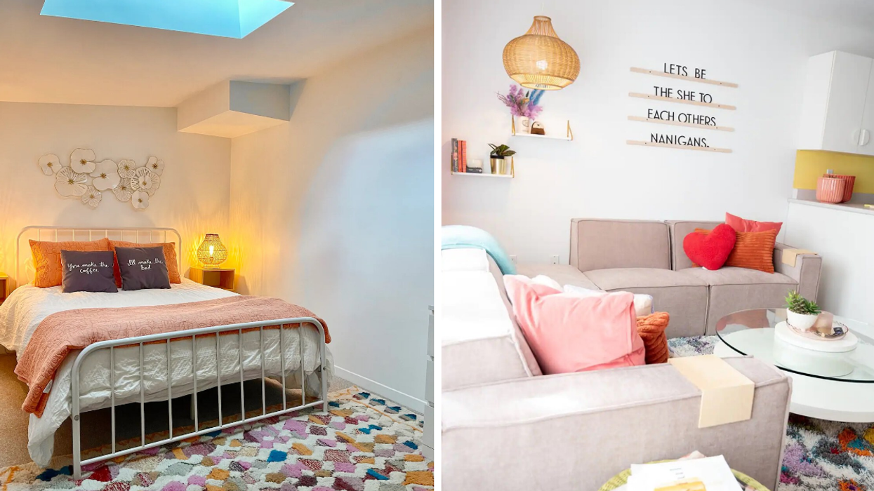 Main bedroom with a skylight and rainbow rug. Right: Cozy living room in an Almonte apartment.
